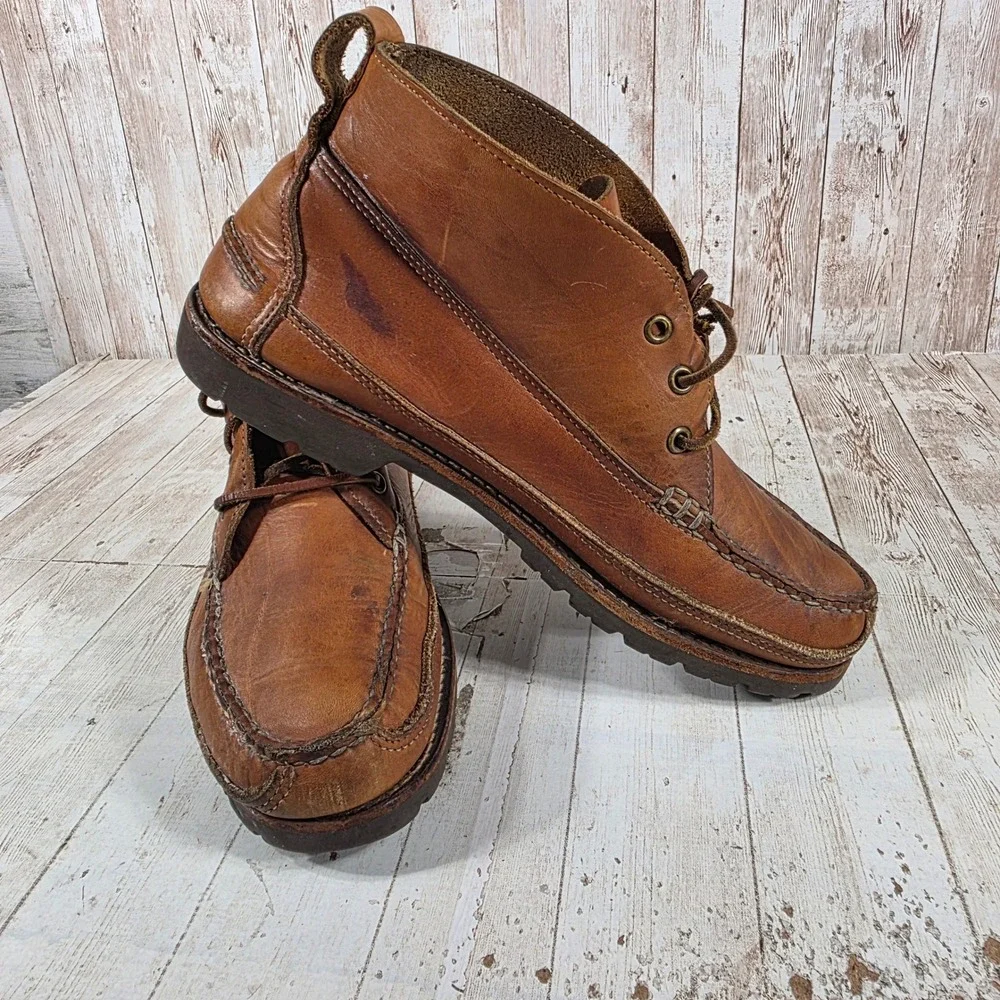 Vintage Made in USA Leather Chukka Boots Mens 10.5 D Moc Toe Vibram Gumlite Tan